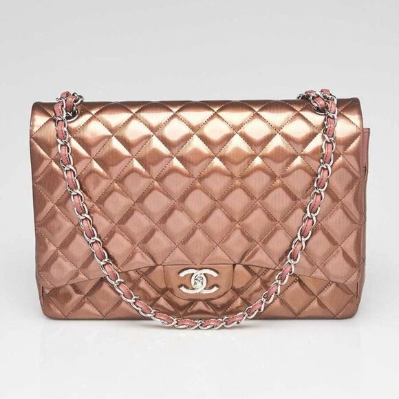 Chanel Bronze Striated Quilted Patent Leather Classic Maxi Double Flap Bag - Picture 1 of 11